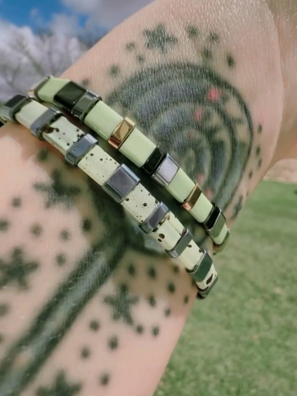 Green and Black Tile Stretch Bracelet Set